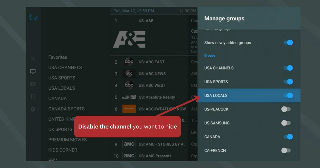 disable to hide the channel group
